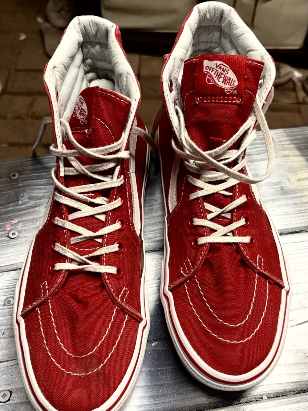 Red Vans Sk8-Hi sneakers with white stitching #skateboarding 10 womens